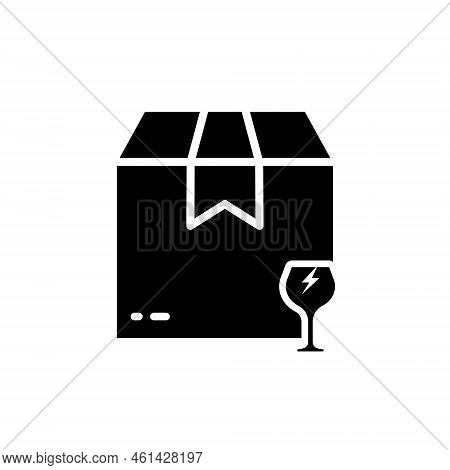 Attention Fragile Package Silhouette Icon. Caution Parcel Cardboard Box With Glass Care Handle Shipp