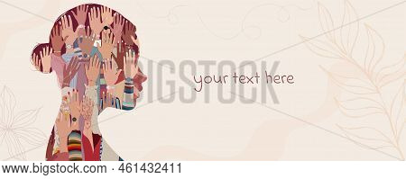 Woman Silhouette In Profile With Inside Group Hands Up Of Women Of Diverse Culture. Anti-racism Raci