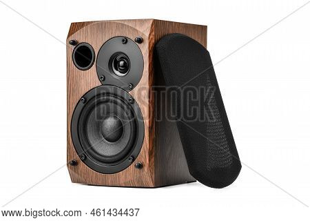 Music Speakers On White Background. Audio Technica. Bookshelf Speaker System For Home Entertainment.