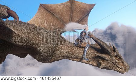 White Haired Female Warrior Knight Flies On A Dragon Above The Clouds.fantasy Artwork Scene. Cgi Ani