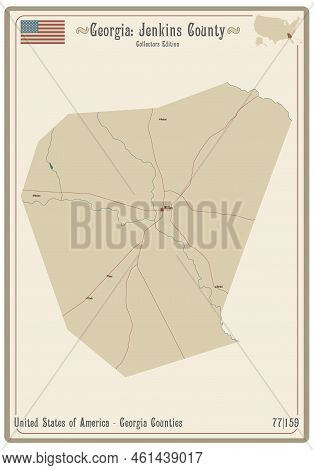 Map On An Old Playing Card Of Jenkins County In Georgia, Usa.