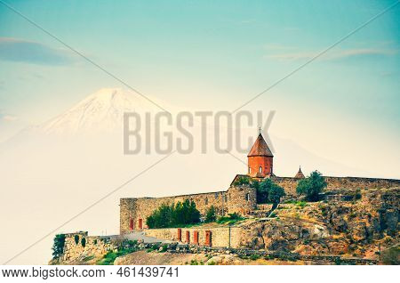Cinematic View Historical Landmark In Armenia - Khor Virap Monastery With Ararat Mountain Peak Backg