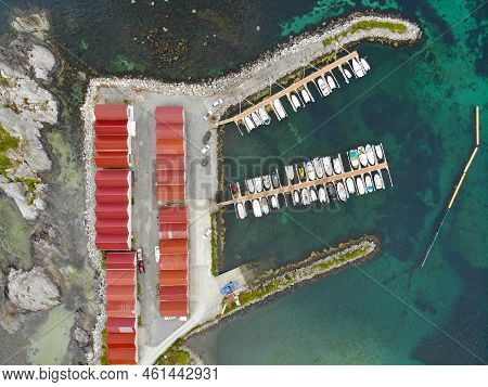 Norway Islands Drone View. Gurskoy Island Boat Garages And Marina Of Molustranda In More Og Romsdal 
