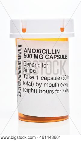 Irvine, California - 10 Sept 2022: A Presription Bottle Of Amoxicillin Antibiotic 500mg Capsules.