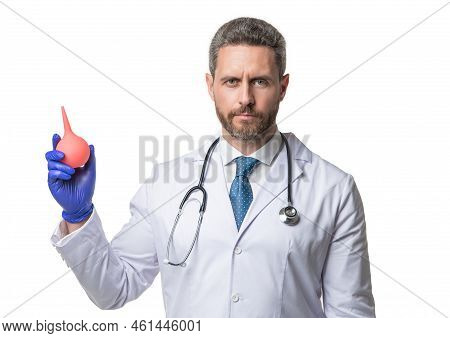 Doctor Holding Clyster Isolated On White. Clyster For Medical Procedure. Nurse Man With Clyster