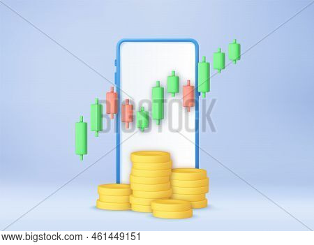 3d Stock Online Trading With Smartphone And Money Coin. Nvestment Trading In The Stock Market, Candl