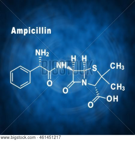 Ampicillin, Antibiotic Drug, Structural Chemical Formula On A Blue Background