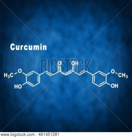 Curcumin Turmeric Spice, Structural Chemical Formula On A Blue Background