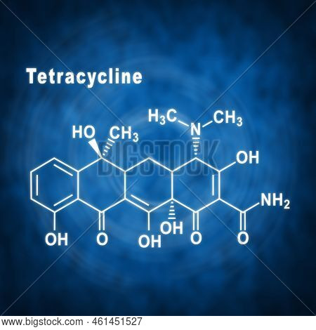 Tetracycline Antibiotic, Structural Chemical Formula On A Blue Background