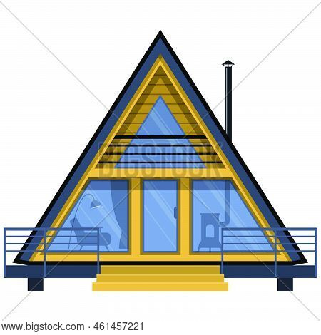 Two-storied A-frame House With Terrace, Summer Cottage, Front View, Vector