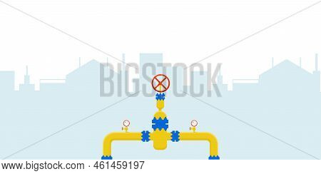 Gas Pipeline Construction With City Skyscraper Background. Vector Stock Illustration Isolated On Whi