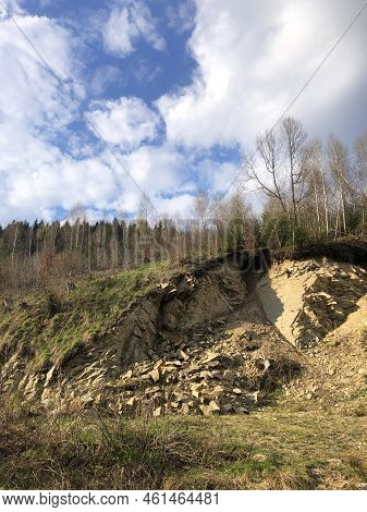 Carpathians Ukraine Sandy Querry Landscape. Nature With Blue Spring Sky.