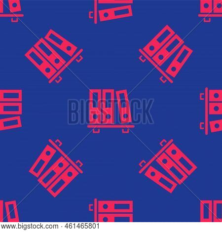 Red Office Folders With Papers And Documents Icon Isolated Seamless Pattern On Blue Background. Offi