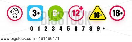 Age Limit Icons For Kids And Teenagers. Creating Icon With Age Restrictions. 0, 3, 6, 12, 16, 18 Yea
