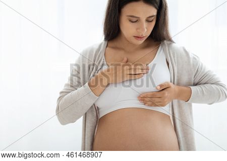 Expecting Lady Having Painful Feelings In Breast, Copy Space