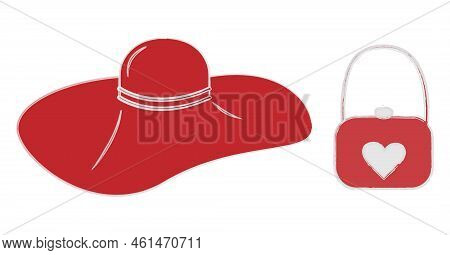 Stylized Women Wide-brimmed Hat And Handbag With Painted Heart In Trendy Red Hues. Isolate. Sticker