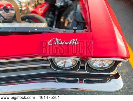 Red 1970 Chevrolet Chevelle At The Car Show. Rear Trunk Emblem From A 1970 Chevy Chevelle. Close Up,