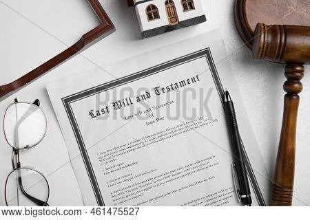 Last Will And Testament Near House Model, Glasses, Gavel On White Table, Flat Lay