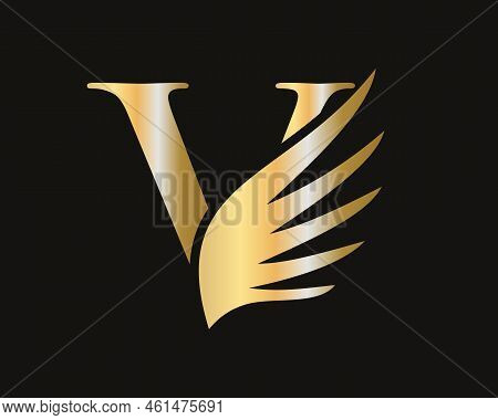 V Letter Transportation Logo Design. Initial Flying Wing V Letter Logo. Letter V Logotype And Wings 