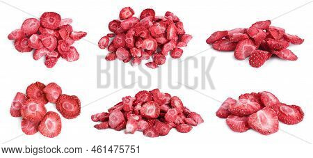Set With Freeze Dried Strawberries On White Background