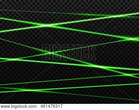 Green Laser Beam Lights, Background With Neon Glow Lines On Black, Vector Flash Effect In Dark. Cros