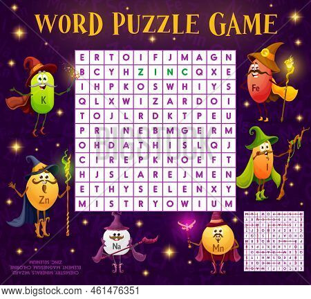 Word Search Puzzle Game, Micronutrients Wizard And Mage Characters, Vector Quiz. Kids Riddle Grid Wo