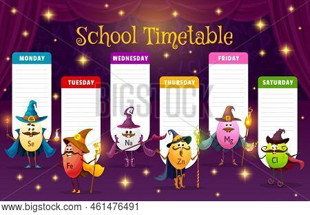 Timetable Schedule, Micronutrient Wizard And Mage Characters, Vector Education Lessons Plan. Kids Sc