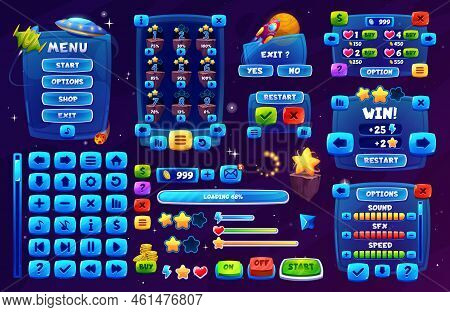 Galaxy Space Game Interface. Ui Game Buttons, Gui Elements Game Asset. Vector User Icons, Stars And 