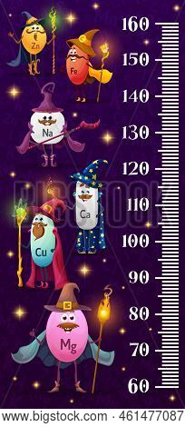 Kids Height Chart, Micronutrients Wizard And Mage Characters, Vector Growth Meter. Baby Tall Size Me