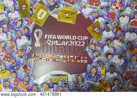 Bauru, Brazil - 09.12.22: Top View Of Panini Album Fifa World Cup 2022 - Qatar On The Desk And Cover