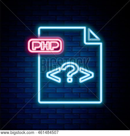 Glowing Neon Line Php File Document. Download Php Button Icon Isolated On Brick Wall Background. Php