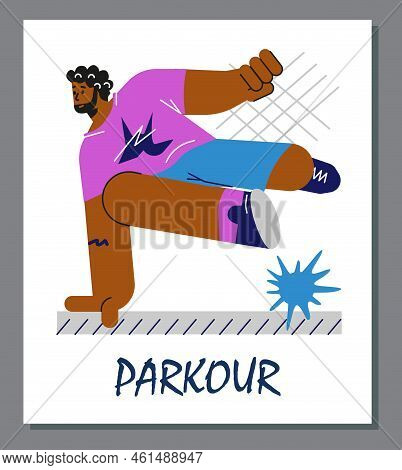 Parkour Banner With Man Performing Jumping Stunt, Vector Illustration Isolated.