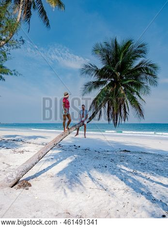Couple On Vacation In Thailand, Chumpon Province , White Tropical Beach Palm Trees, Wua Laen Beach