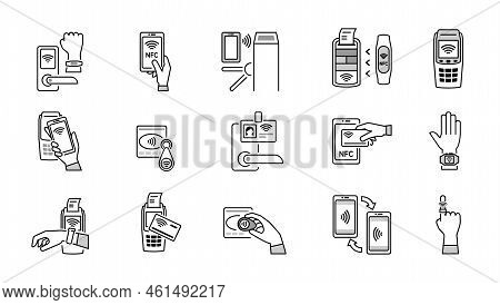 Nfs Icons. Distantion Payments Systems Digital Gadhets Smartphones And Terminals Wallets. Vector Lin