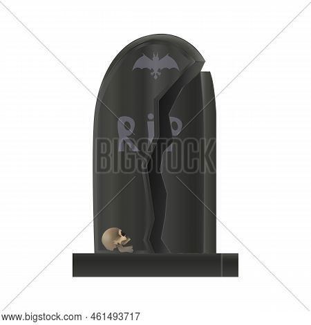 Gravestone With Skull In Realistic Style. Helloween Headstone On The Graveyard. Colorful Vector Illu