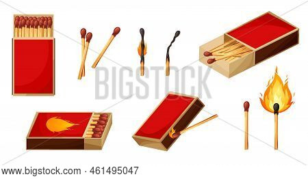 Burnt Match Stick With Fire And Matchbox. Set Of Boxes, Opened And Close Isplated On White Backgroun