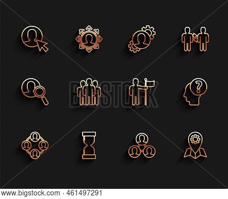 Set Line Project Team Base, Old Hourglass With Flowing Sand, User Of Man Business Suit, Location Job