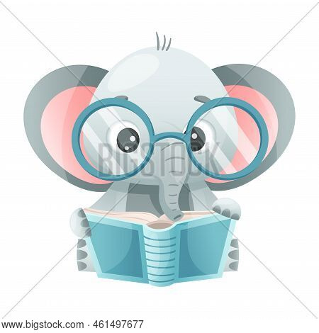 Cute Elephant Animal In Glasses Reading Book In Hard Cover Enjoying Interesting Story Vector Illustr