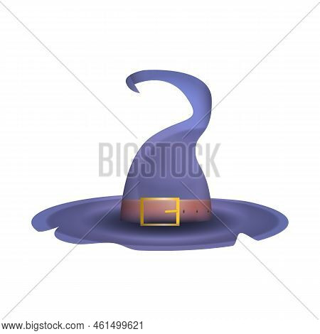 Witch Hat With Buckle In Realistic Style. Helloween Witch Costume For Party. Colorful Vector Illustr