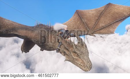 White Haired Female Warrior Knight Flies On A Dragon Above The Clouds.fantasy Artwork Scene. Cgi Ani