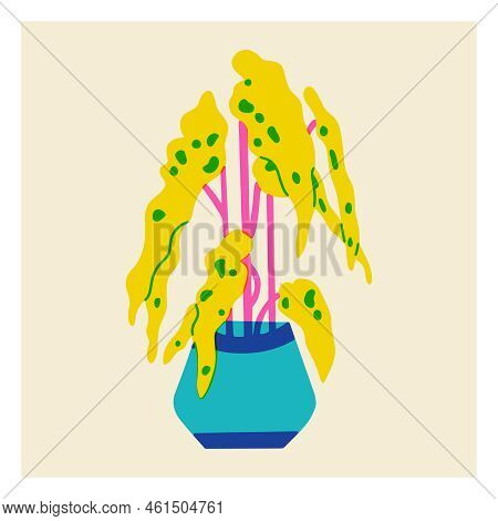 Plant In Pot In The Style Of Risograph. Tropical Tree Icon With Leaves. Contrasting Three-color Vect