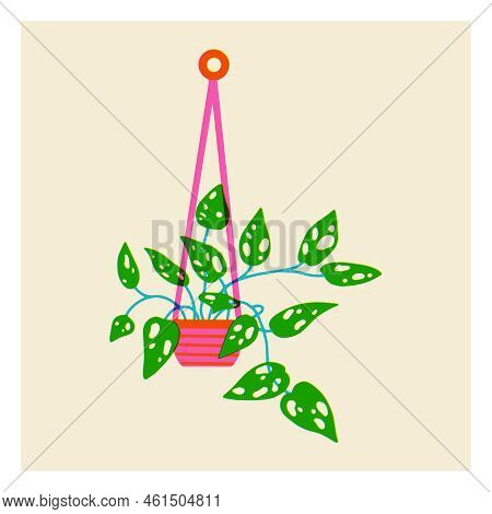 Plant In Pot. Tropical Tree Icon With Leaves In Risograph Style. Contrasting Three-color Vector Illu