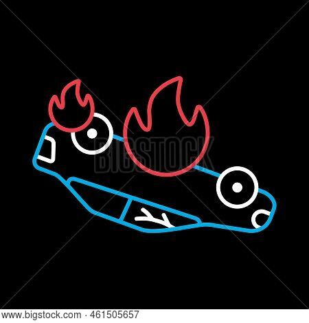 Burning Car Vector Isolated On Black Background Icon. Auto Accident, Inverted Car With Fire. Demonst
