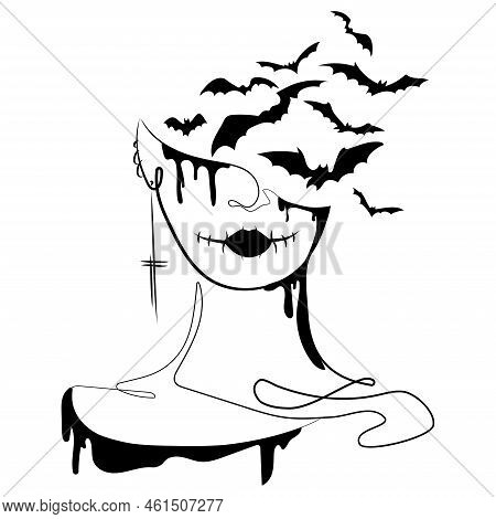 Creepy Surrealistic Woman Face With Bats In Head And Sewn Mouth.halloween Concept Vector Illustratio