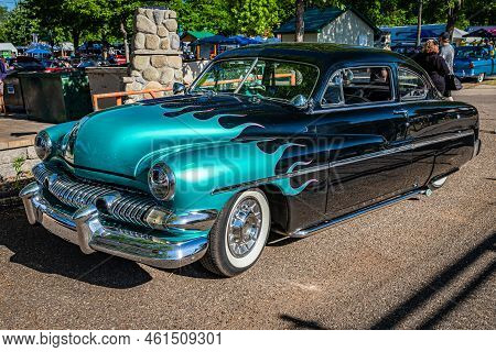 Falcon Heights, Mn - June 18, 2022: High Perspective Front Corner View Of A Customized 1951 Mercury 