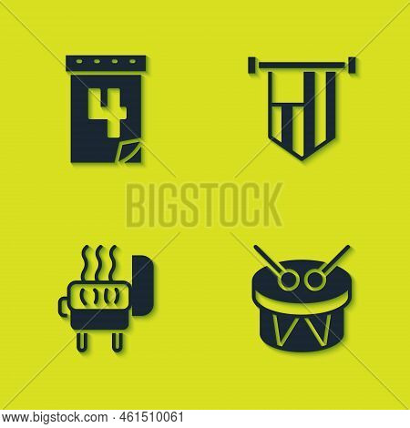 Set Calendar With Date July 4, Drum And Drum Sticks, Barbecue Grill And American Flag Icon. Vector