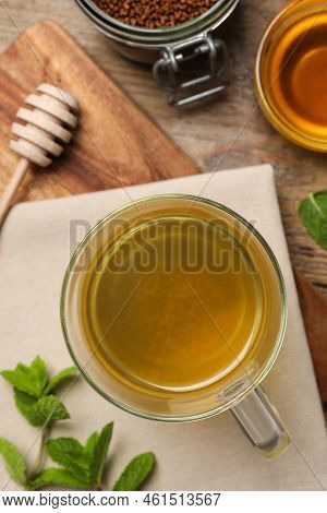 Buckwheat Tea, Granules And Honey On Wooden Table, Flat Lay
