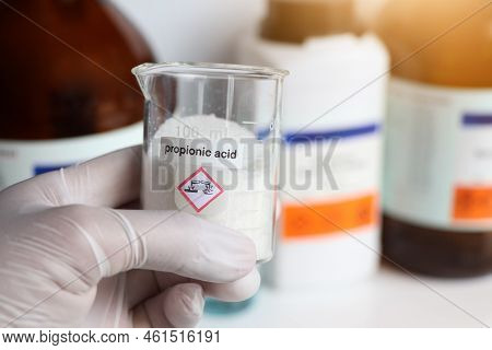 Propionic Acid In Glass, Chemical In The Laboratory And Industry