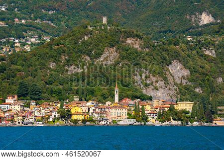 Beautiful Panorama Of Lake Como With A Small Coastal Town, Famous Tourism Destination