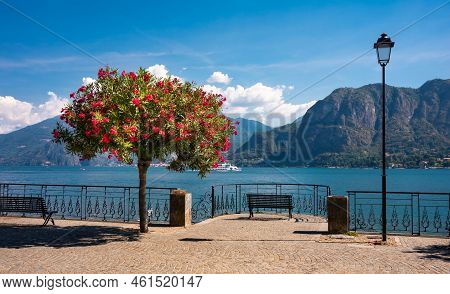 Beautiful Coast Of Lake Como In Summer With Flowers, Famous Tourism Destination